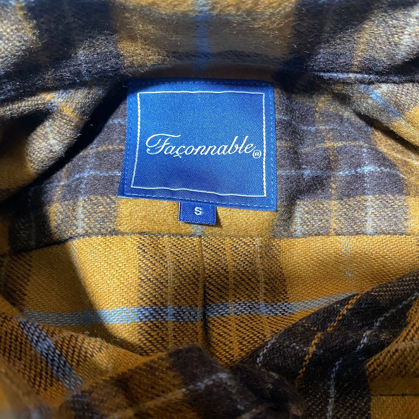 Façonnable 90s NOS brown checkered wool blend country chic shirt with cuir elbow patches, new old stock