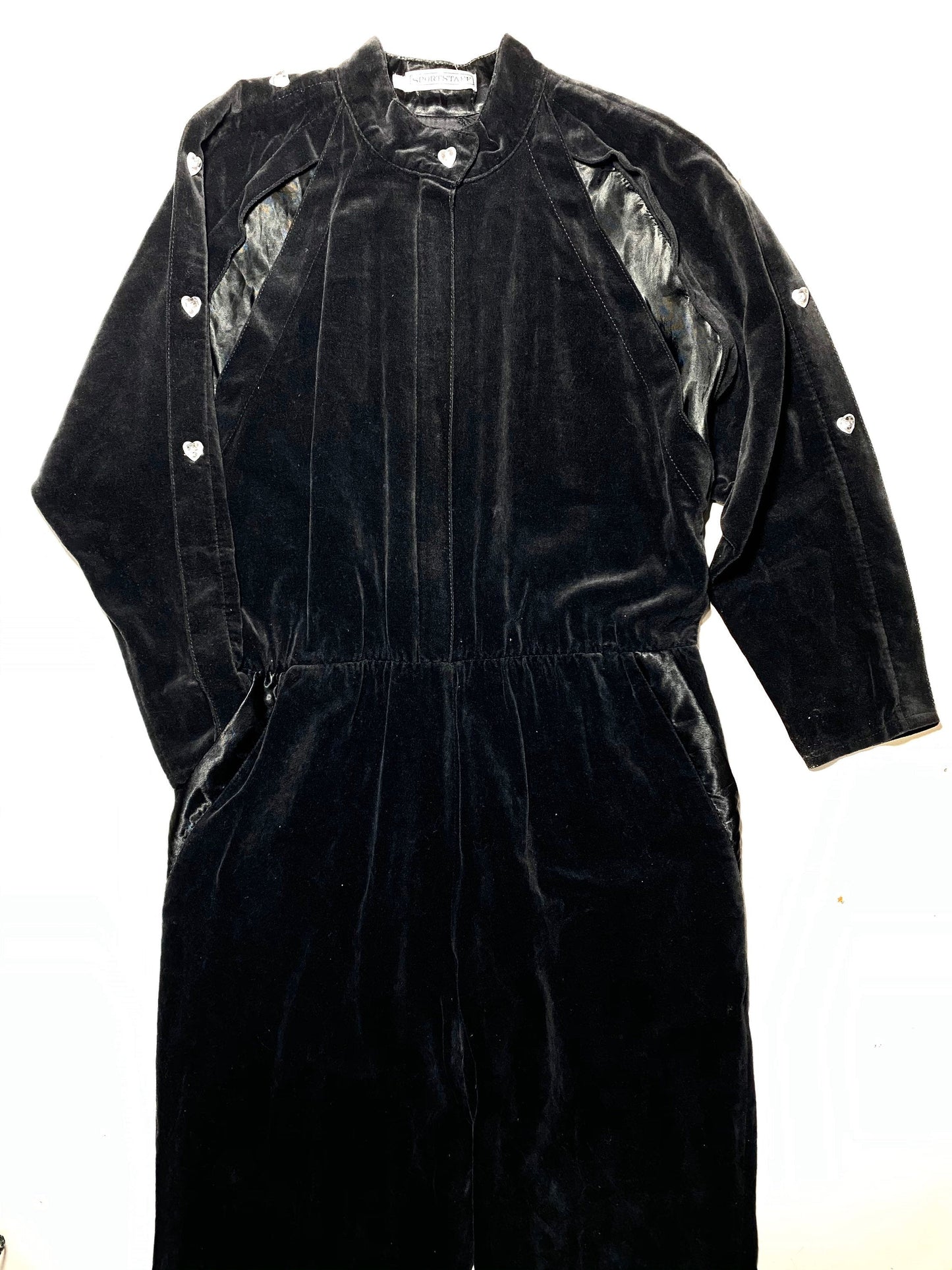 Sportstaff coolest black velvet & silk winter jumpsuit with heart crystal buttons, great condition