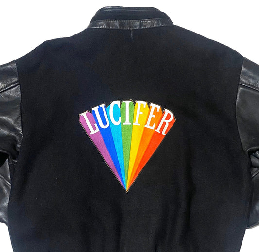 Lucifer back patch Black varsity wool jacket with leather sleeves, 80s mint condition