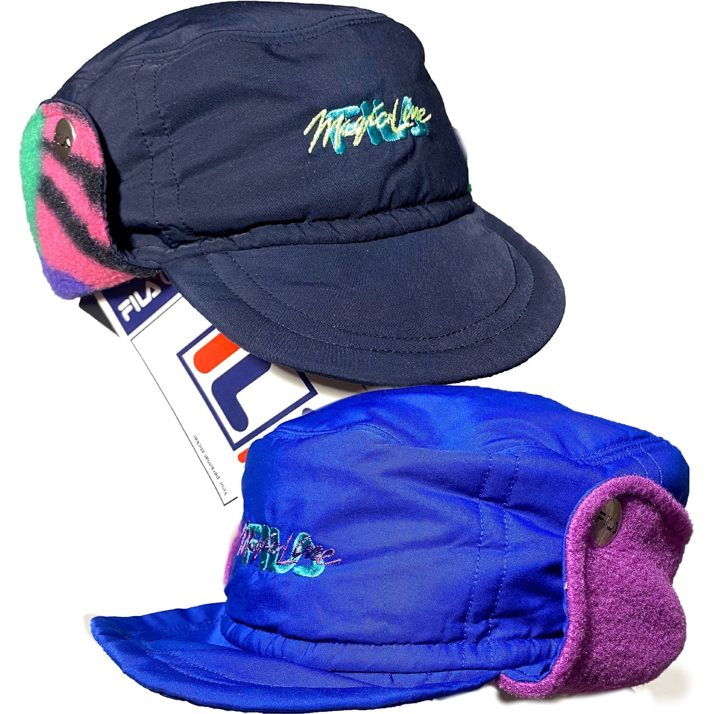 Fila 90s colorful ski fleece/nylon ski beret with ear pads, 2 colorways