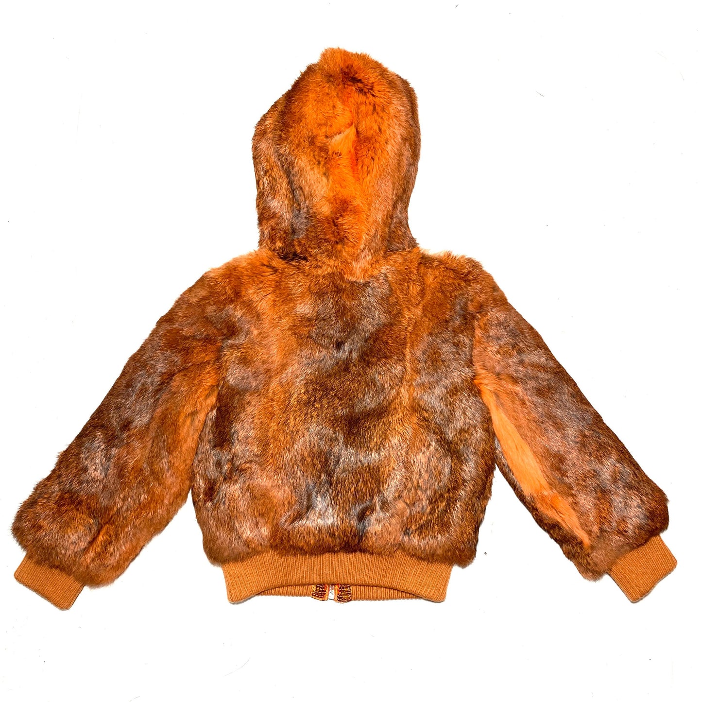 Luxury hooded Orange lapin fur jacket with glittery sequined ribbon, for kids, sz 6