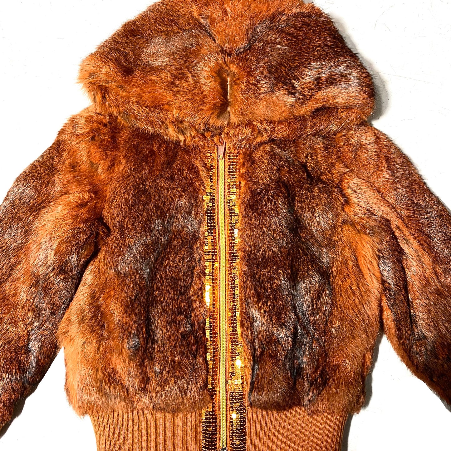 Luxury hooded Orange lapin fur jacket with glittery sequined ribbon, for kids, sz 6