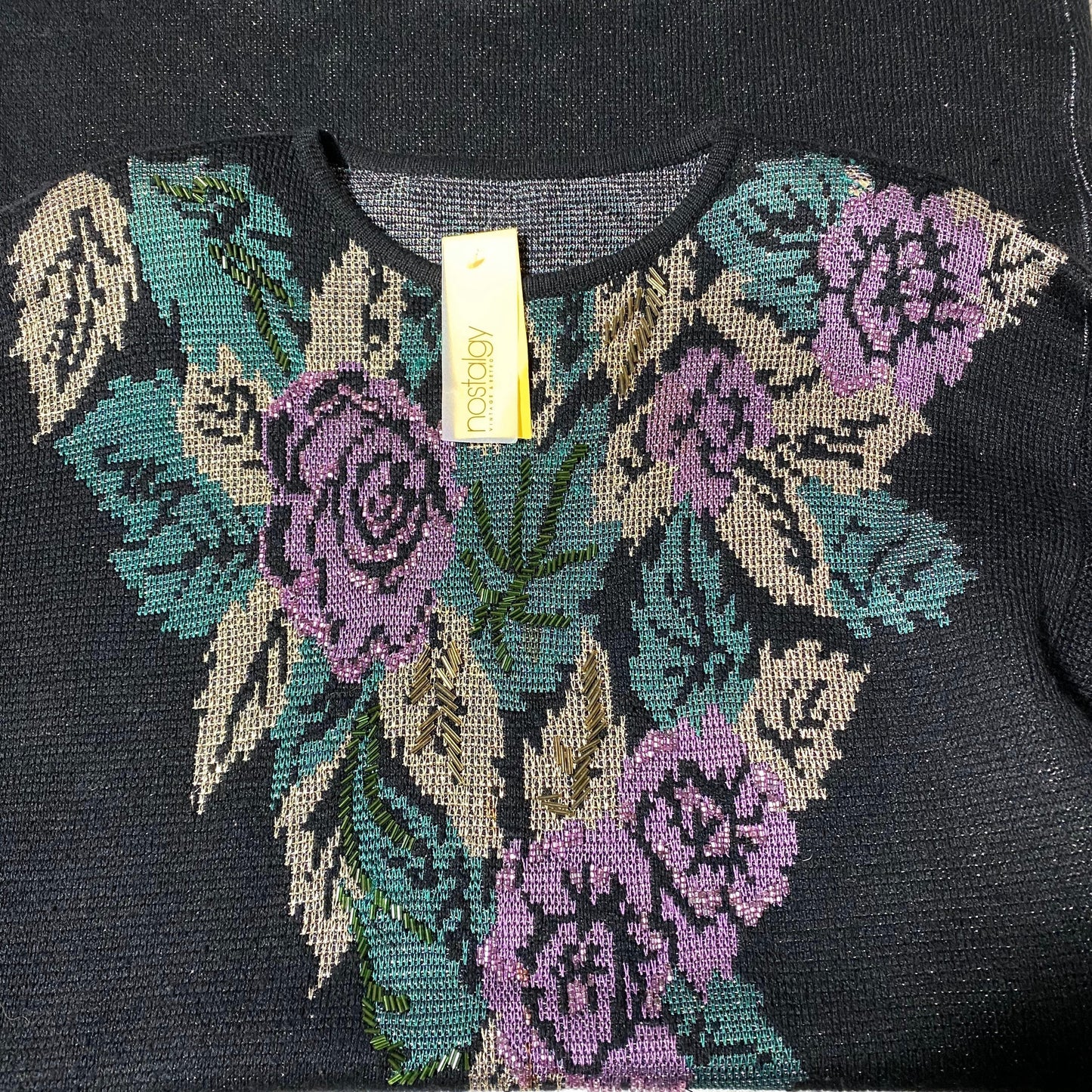 Glittery Black knitted sweater dress with embroidered detailed floral motif, mint condition sz 44, L