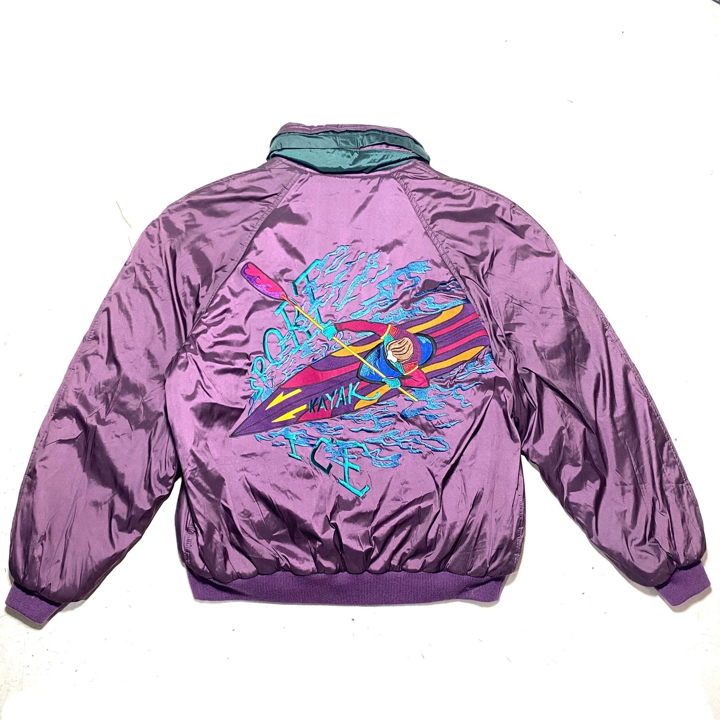 Iceberg sport purple puffer jacket with big & colorful Kayak embroidery, new with tags sz L