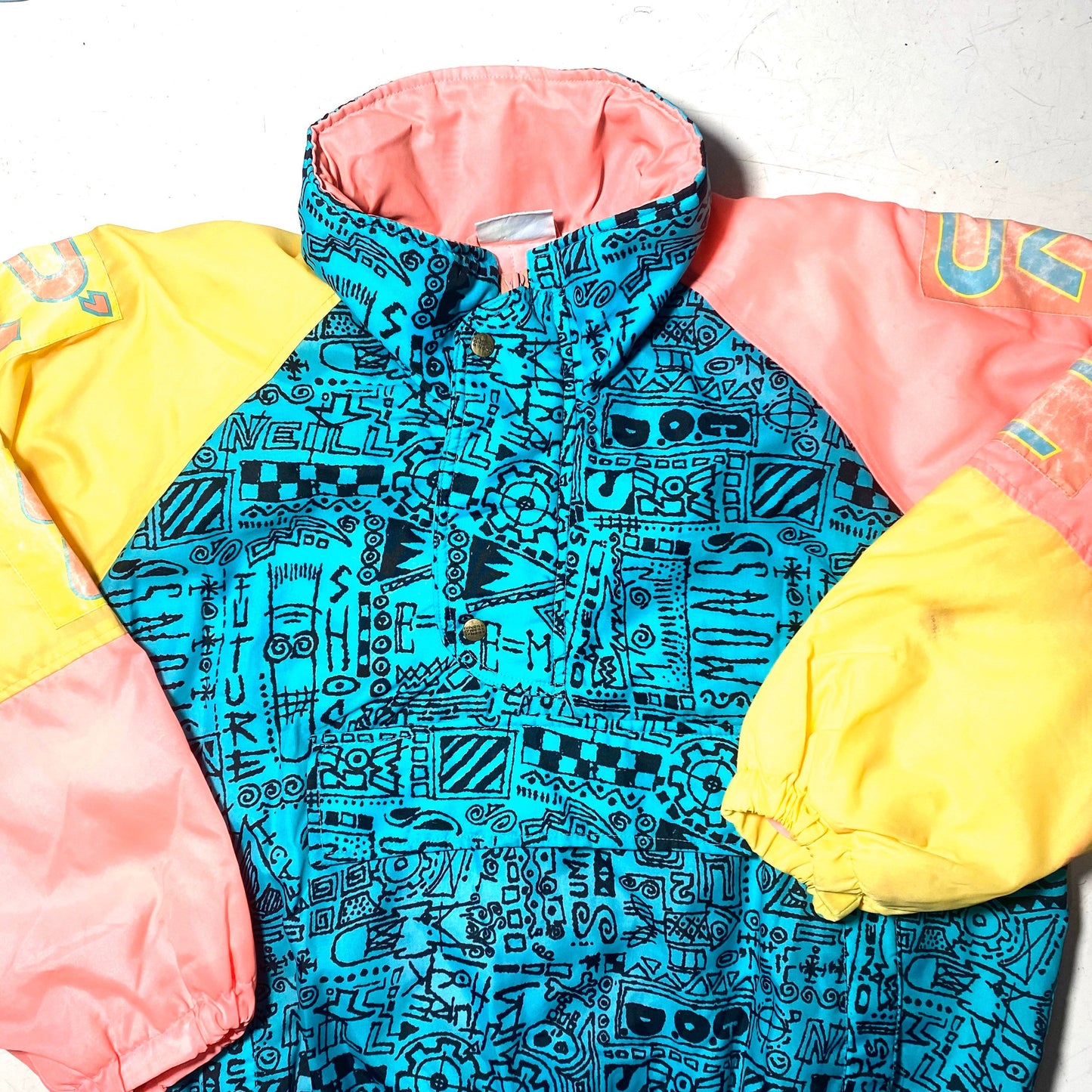 O’Neill 90s hip abstract graffiti allover neon colors pullover windbreaker snow jacket, great condition