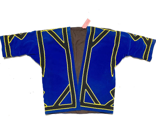 One of a kind reversible kimono dust coat, blue velvet/ brown canvas, unique sartorial prototype, 1970s Italy mint
