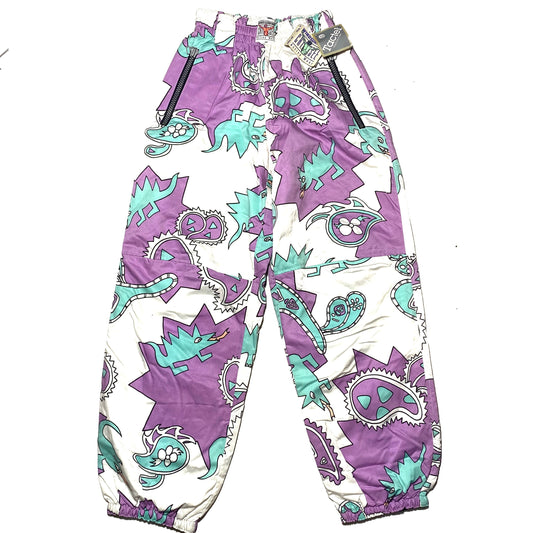 Jet Set purple / turquoise / white dragons / paisley crazy print windsurf padded tactel trousers, NOS 90s