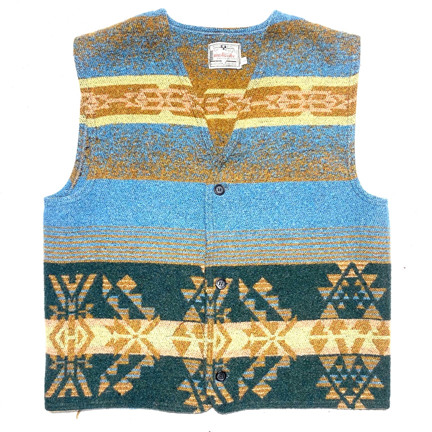 Broadway 80s wool vest with cool brown / turquoise / green Navajo print allover, mint condition