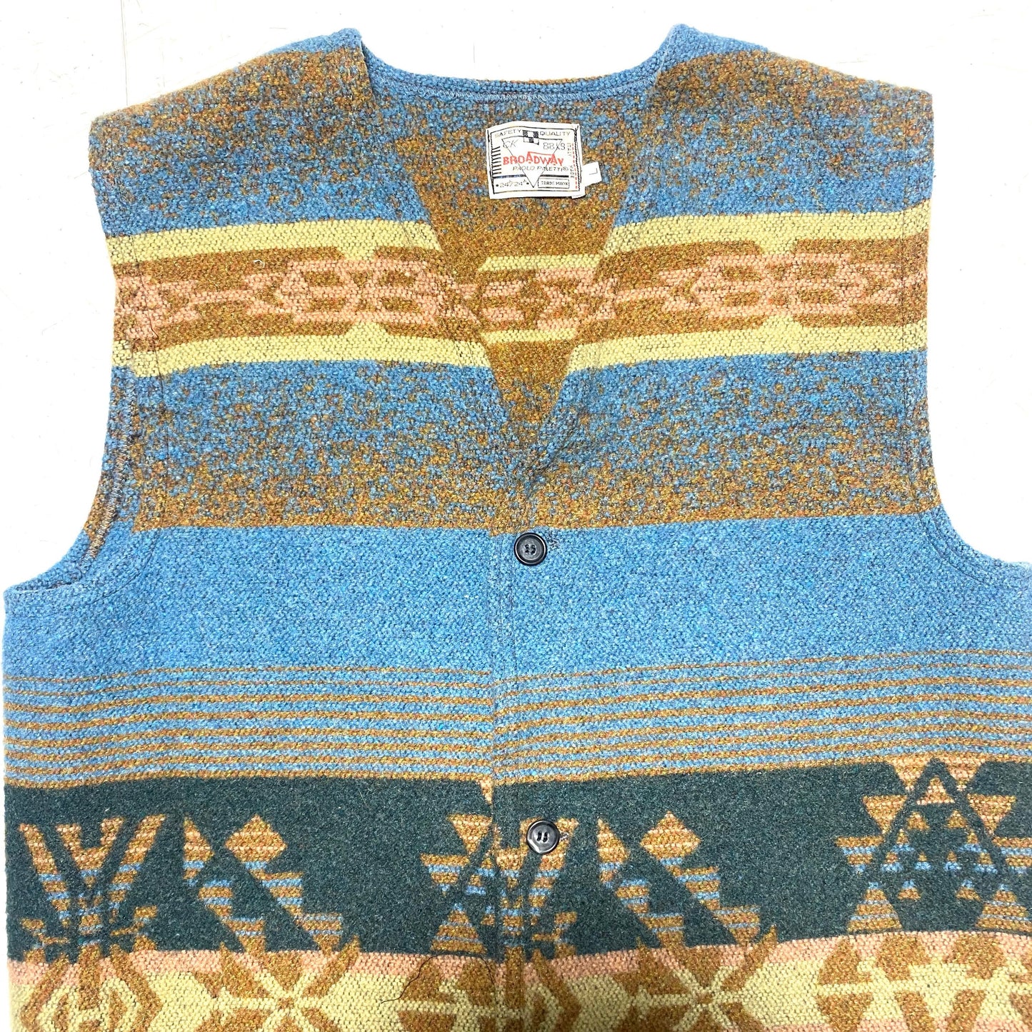 Broadway 80s wool vest with cool brown / turquoise / green Navajo print allover, mint condition