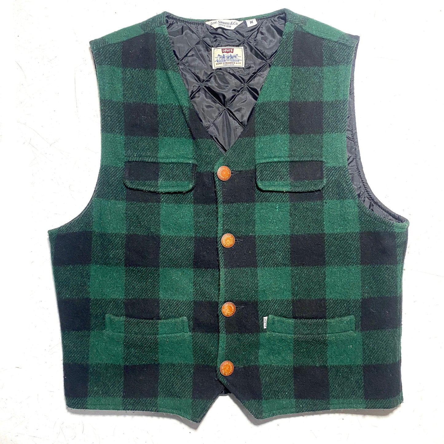 Levi’s western style green / black checkered wool vest with leather buttons in Great condition