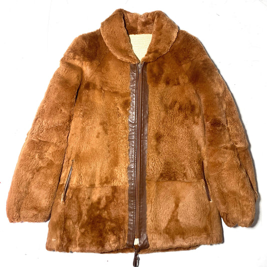 Scoat 1970s real fur fox brown short hair coat with brown leather details. super warm and nicely tailored