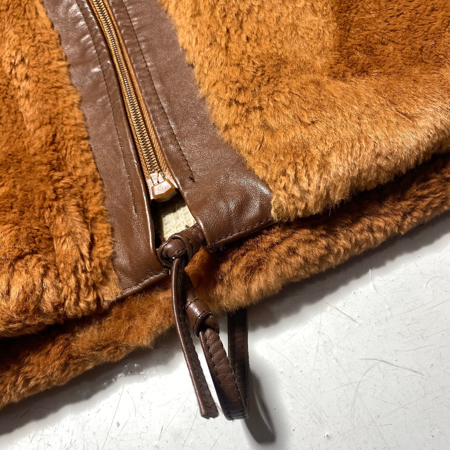 Scoat 1970s real fur fox brown short hair coat with brown leather details. super warm and nicely tailored