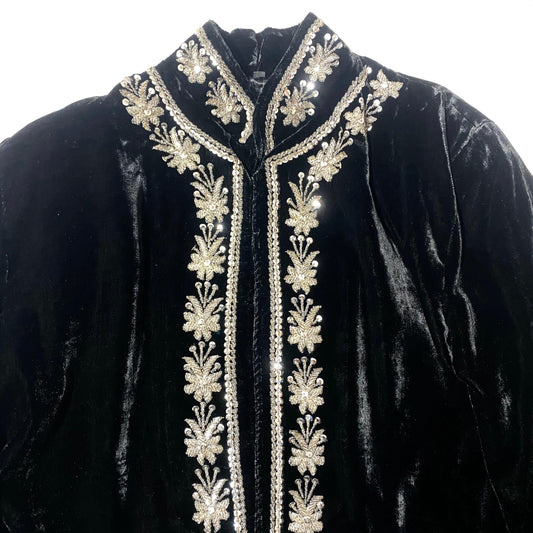 Hand embroidered velvet blazer / jacket with Mandarin neck, black with silver/clear adornments, reminds of Sgt. Pepper, mint condition