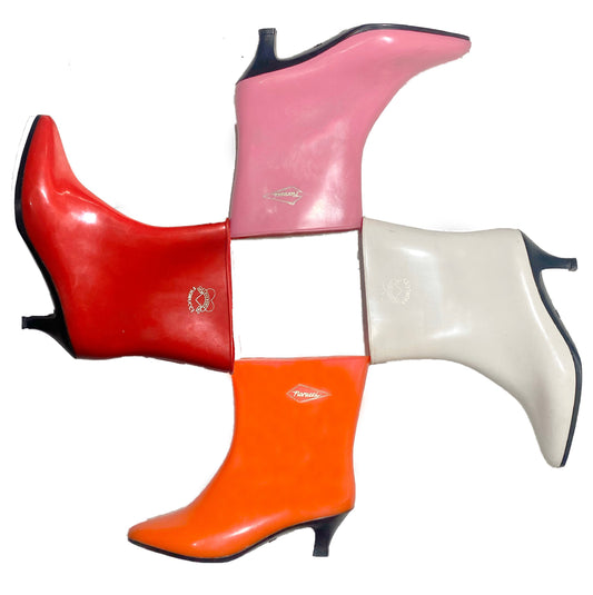 Fiorucci 90s Barbie rain boots, stilettò heel pop inspired shoes, coming in pink, orange and white