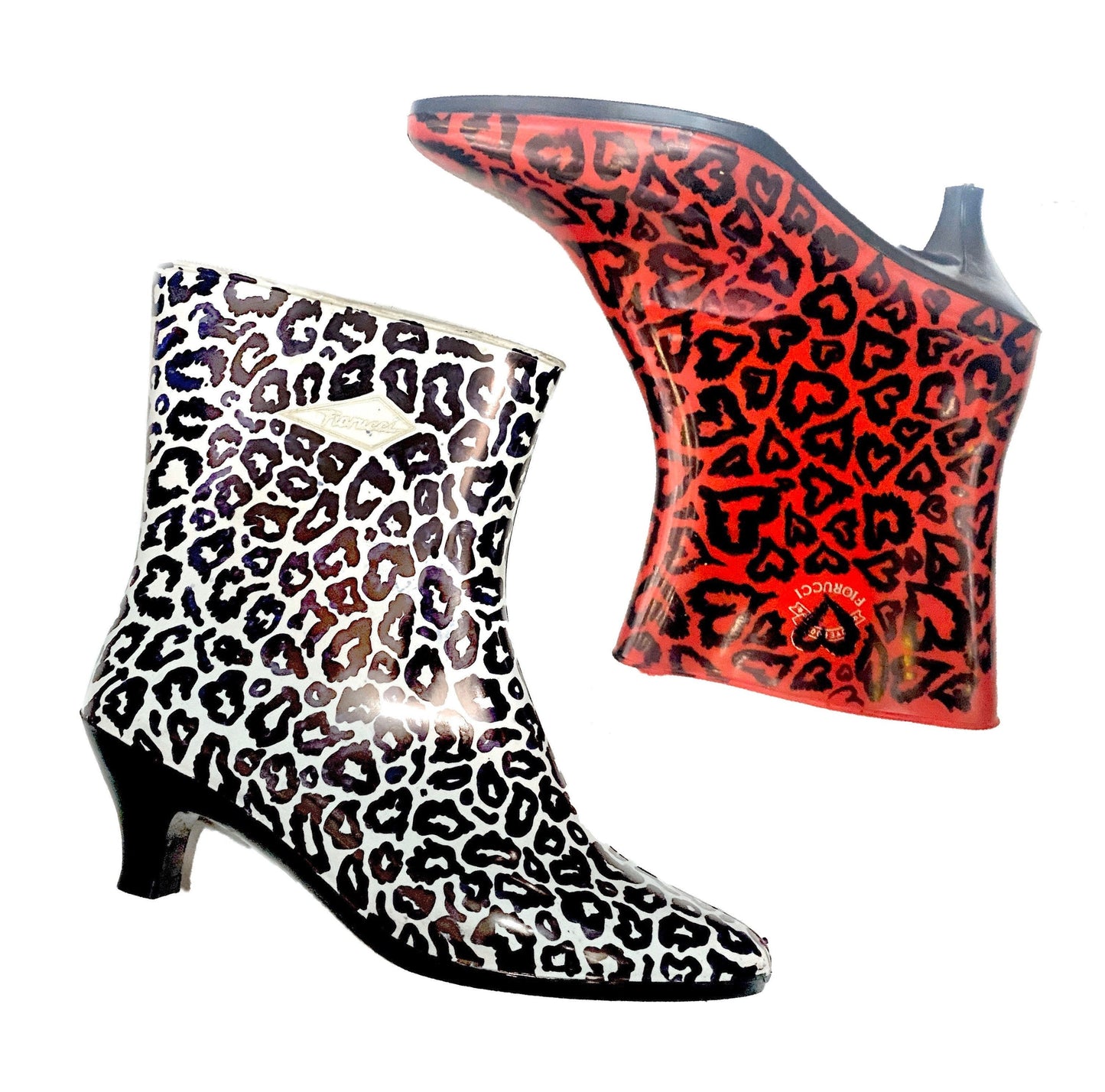 Fiorucci 90s custom rain boots with cheetah / hearts allover, unique pcs, New old stock and mint.