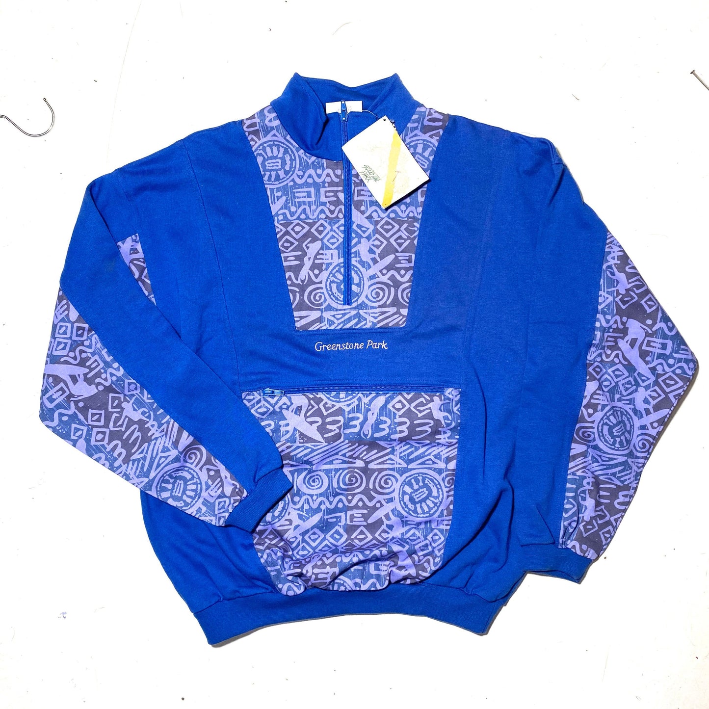 90s graffiti hip blue sweatshirt made in Italy by GreenStone, cool abstract inserts with surfer profiles, new w/tags