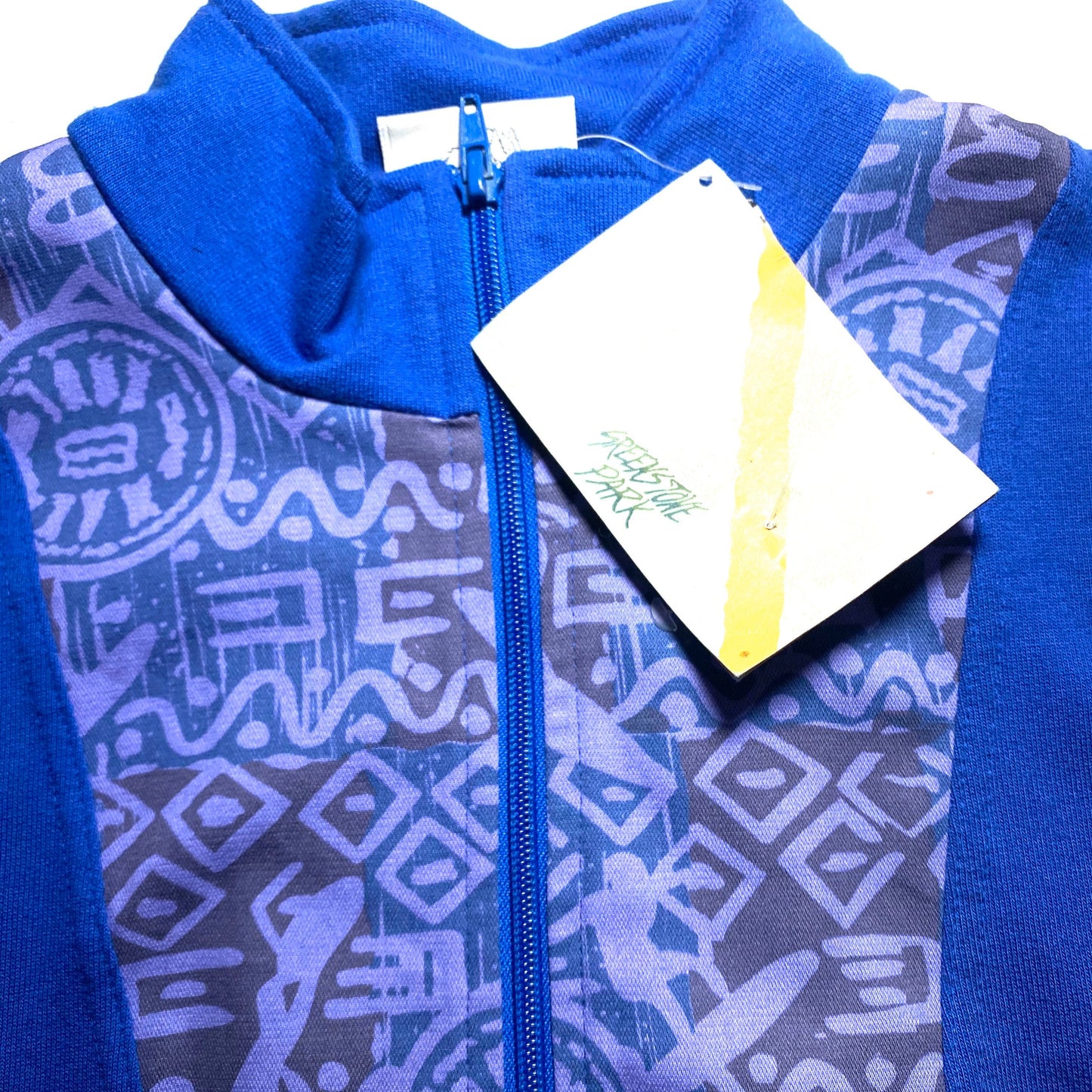 90s graffiti hip blue sweatshirt made in Italy by GreenStone, cool abstract inserts with surfer profiles, new w/tags