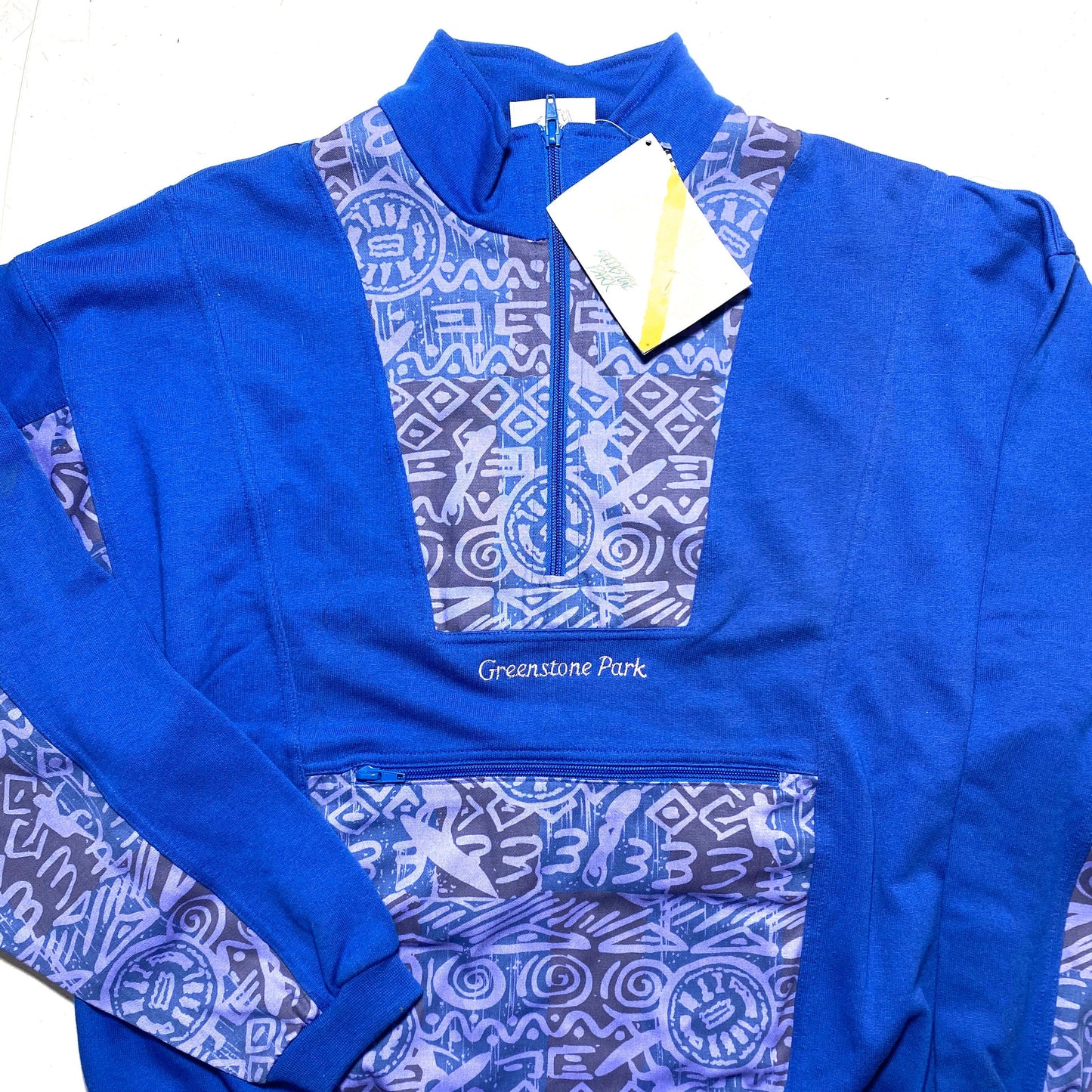 90s graffiti hip blue sweatshirt made in Italy by GreenStone, cool abstract inserts with surfer profiles, new w/tags