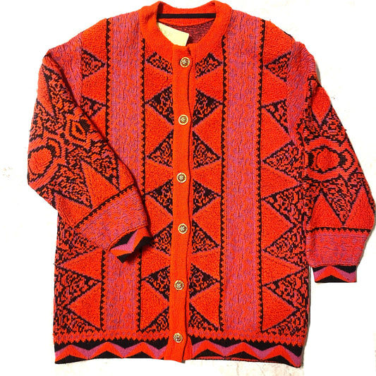 Cool baroque oversized cardigan, red with black and fucsia motif allover, size M mint