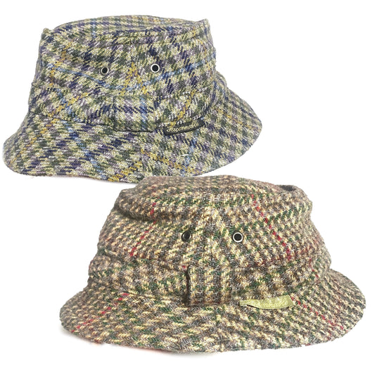 Façonnable tartan wool bucket hats, sporty chic style, new and unworn 80s deadstock.