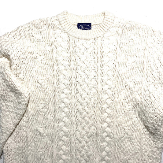 Aran style waived / braids motif allover white pullover, sz L, 1980s mint condition