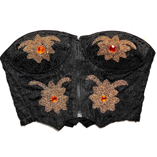 NOS 90s precious embroidered/ beaded black lace zip up corset, new with tags.