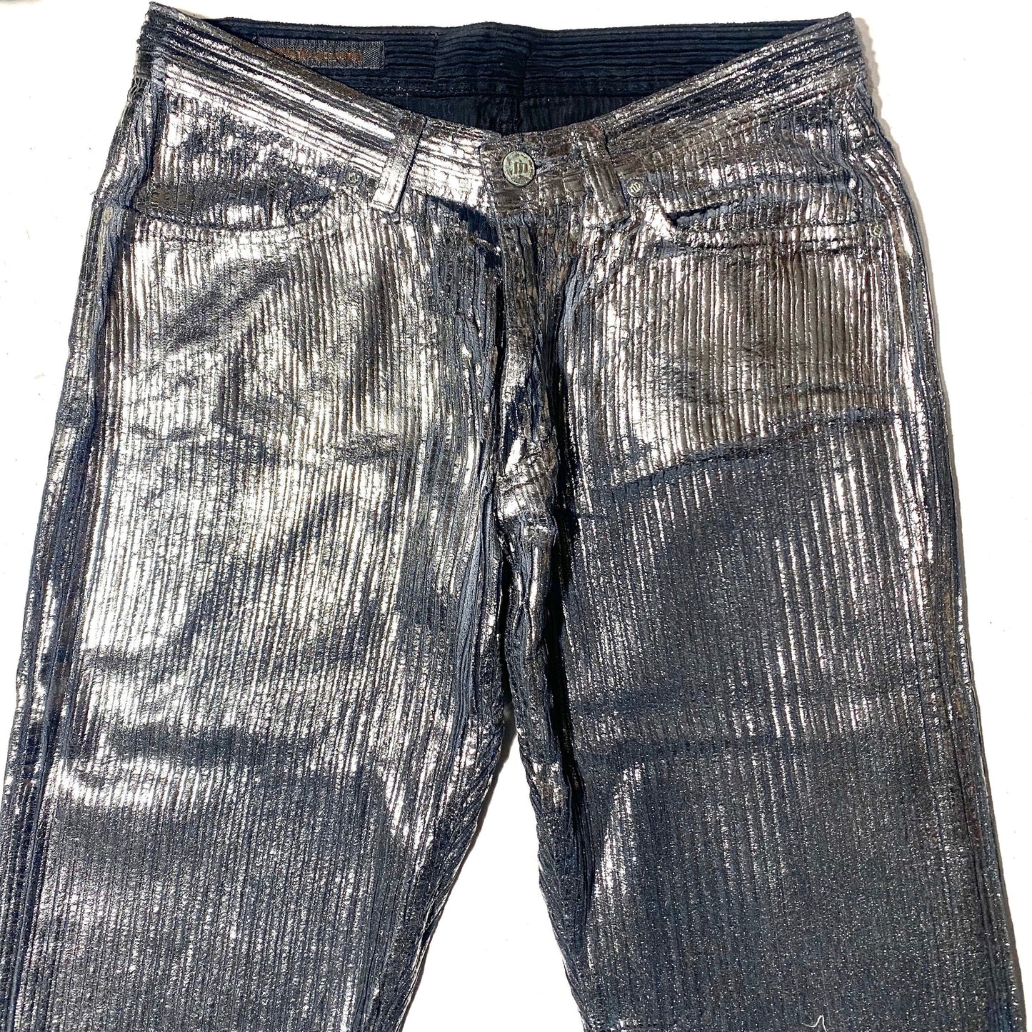 Mahrajah silver painted black corduroy velvet trousers available in sz 31, 33, new old stock 90s mint condition