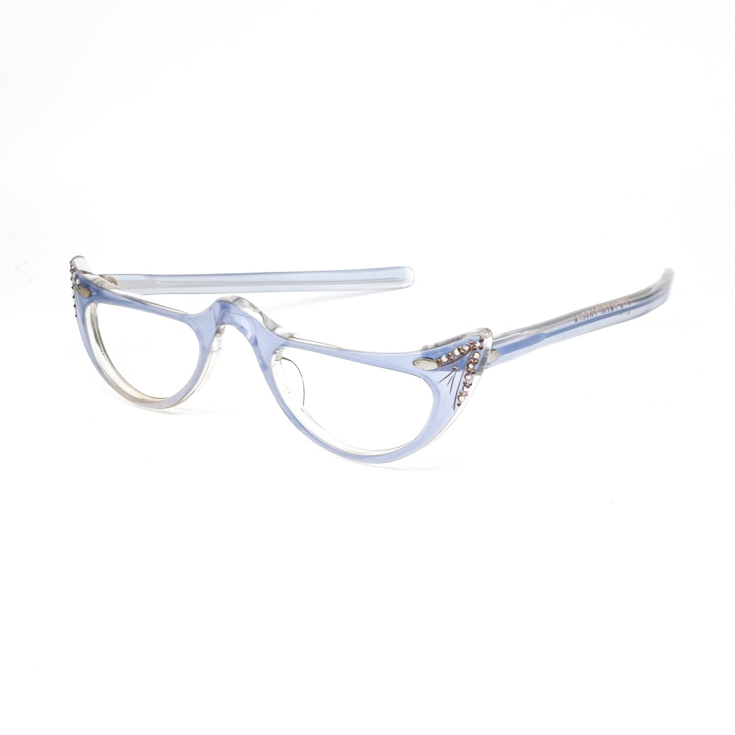 Vintage Agnes half moon light blue eyeglasses frames enriched with rhinestones, 80s France NOS