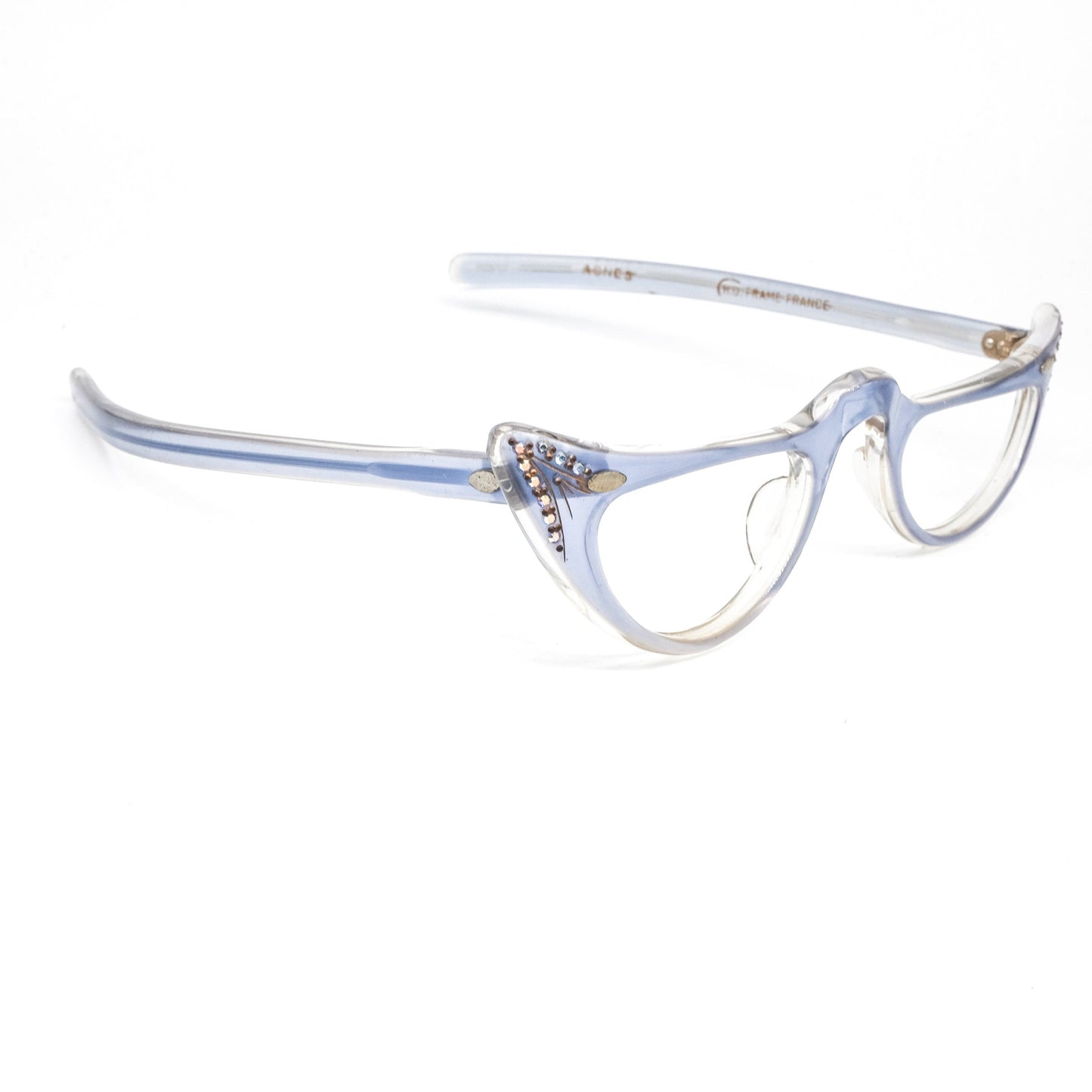 Vintage Agnes half moon light blue eyeglasses frames enriched with rhinestones, 80s France NOS