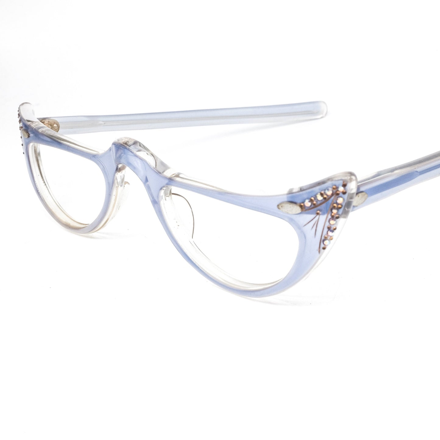 Vintage Agnes half moon light blue eyeglasses frames enriched with rhinestones, 80s France NOS