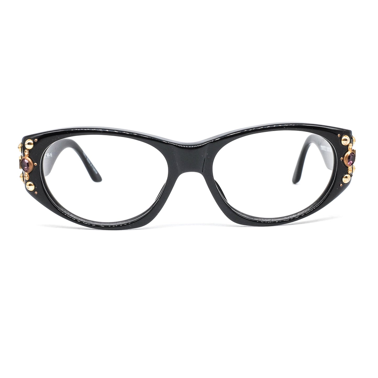 Emmanuelle Khanh 9490 artistic rivet enriched wayfarer eyeglasses frame in black cellulose acetate Made in France