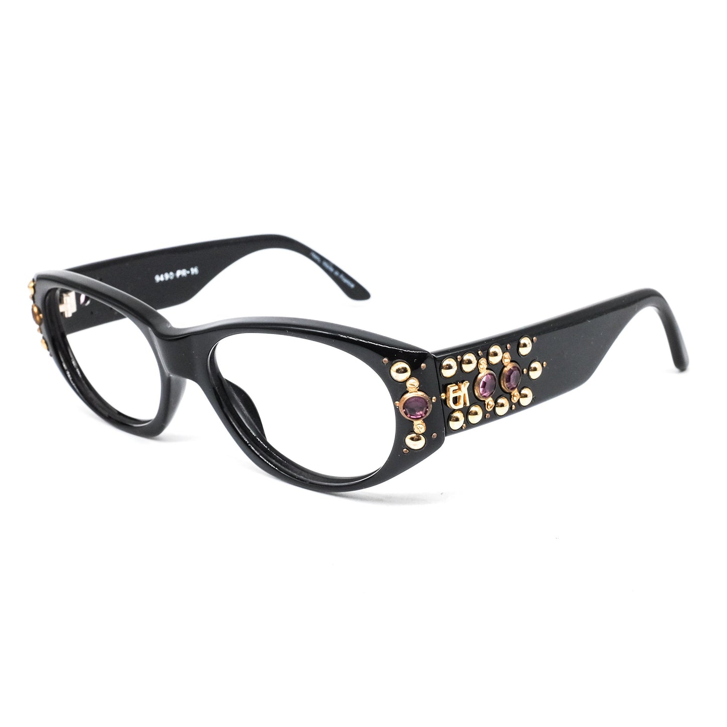 Emmanuelle Khanh 9490 artistic rivet enriched wayfarer eyeglasses frame in black cellulose acetate Made in France