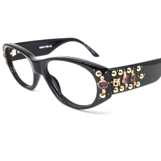 Emmanuelle Khanh 9490 artistic rivet enriched wayfarer eyeglasses frame in black cellulose acetate Made in France