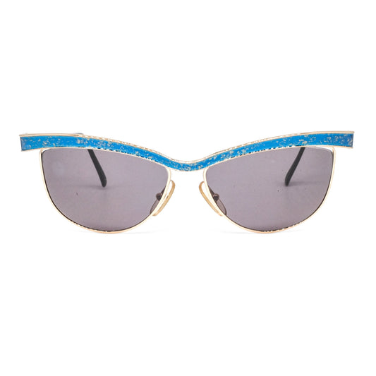 Missoni metallic cateye sunglasses with thick blue browline crafted in satin gold. 90s NOS Italy