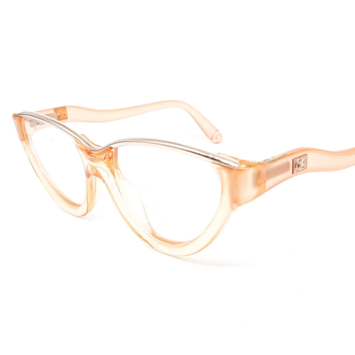 Christian Lacroix vintage translucent orange acetate cateye eyeglasses with shiny gold browline and special wavy temples, 80s nos Germany