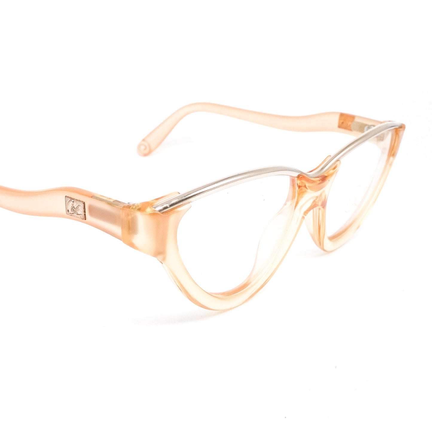 Christian Lacroix vintage translucent orange acetate cateye eyeglasses with shiny gold browline and special wavy temples, 80s nos Germany