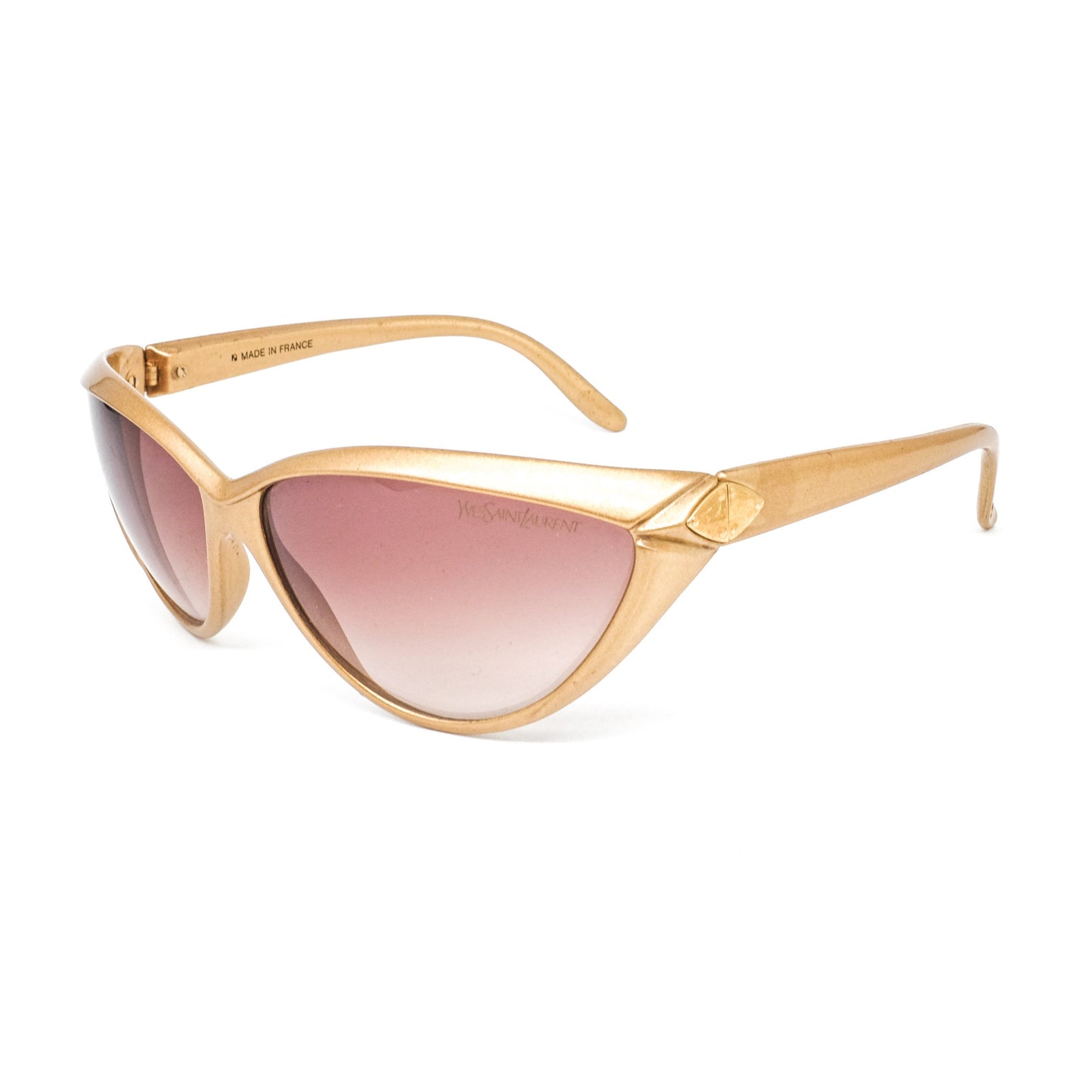 YSL Saint Laurent 8595 matt gold metallic cateye sunglasses with brown degrade lenses, 80s nos France