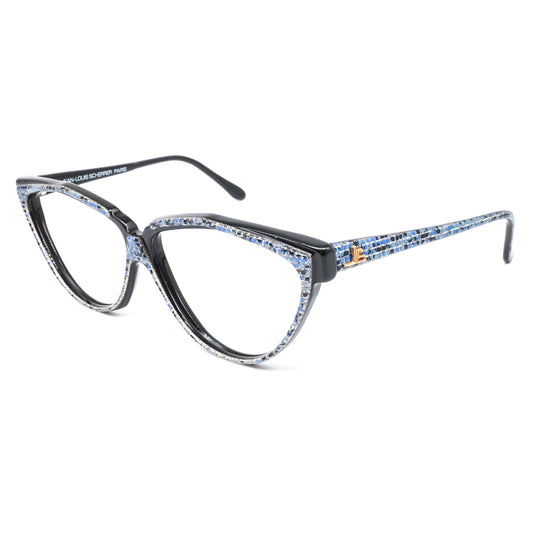 Jean-Louis Scherrer Paris black acetate cat eye eyeglasses with blue tile coated rim and temples. 90s NOS France