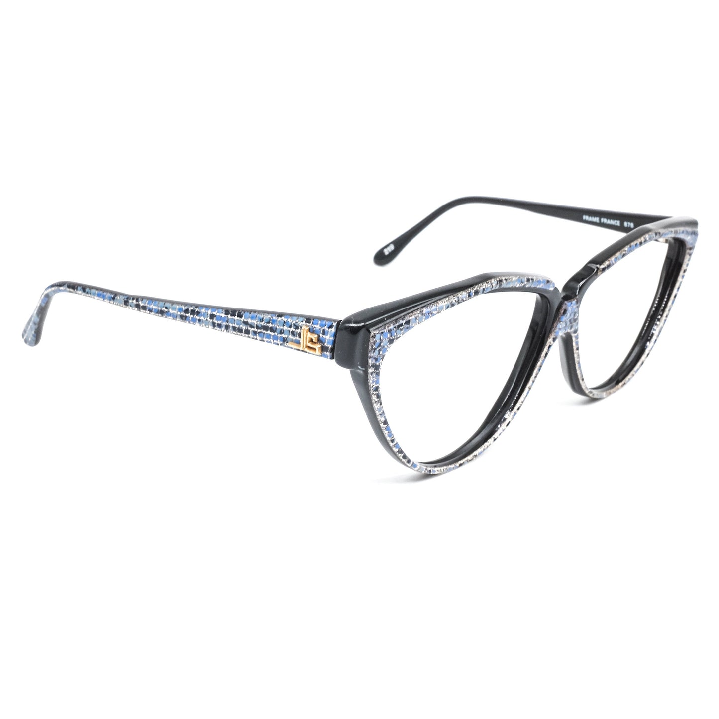 Jean-Louis Scherrer Paris black acetate cat eye eyeglasses with blue tile coated rim and temples. 90s NOS France