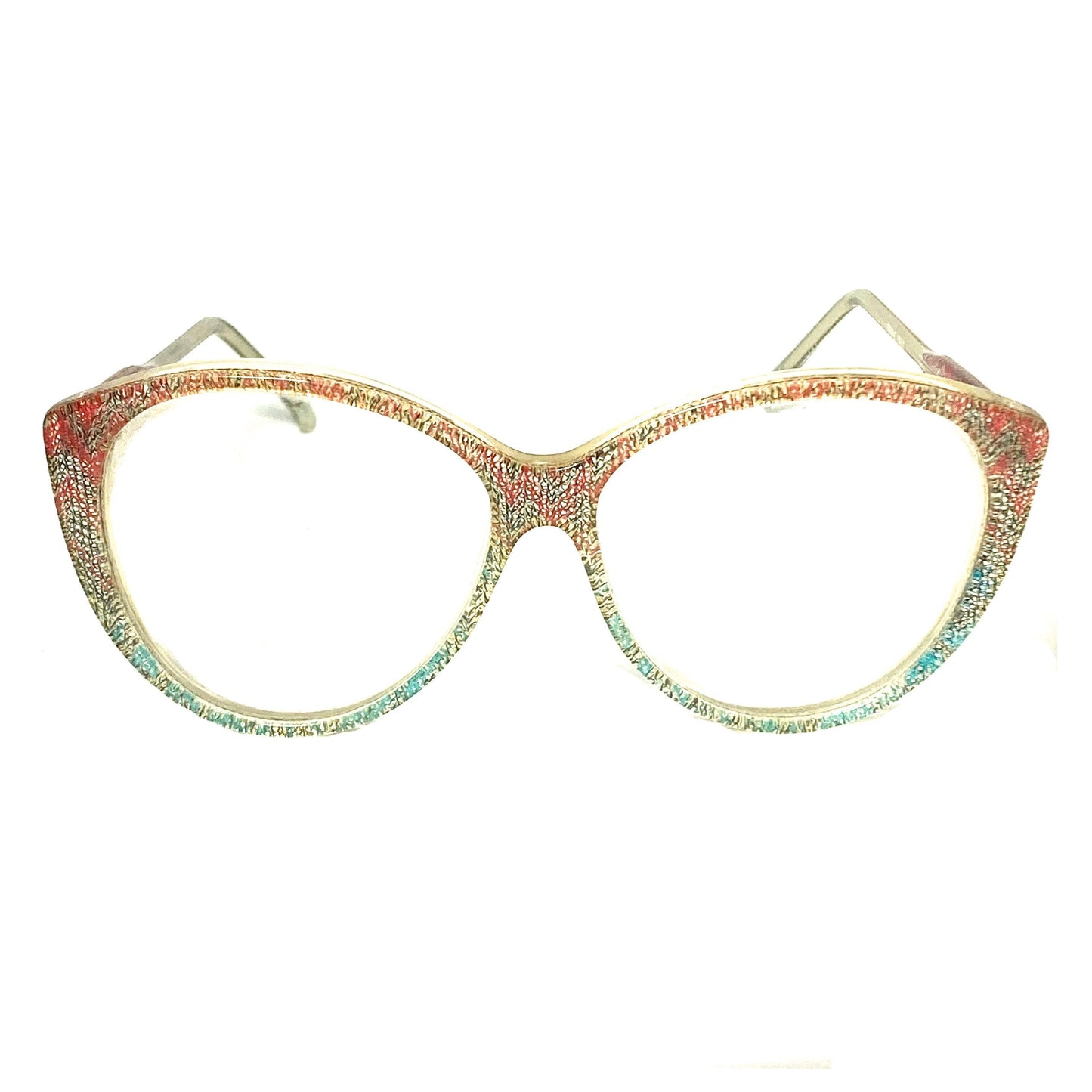 Missoni M5 iconic colorful zig zag knit eyeglasses, clear Cateye oversized shape showing the inlaid jacquard fabric, new old stock 80s