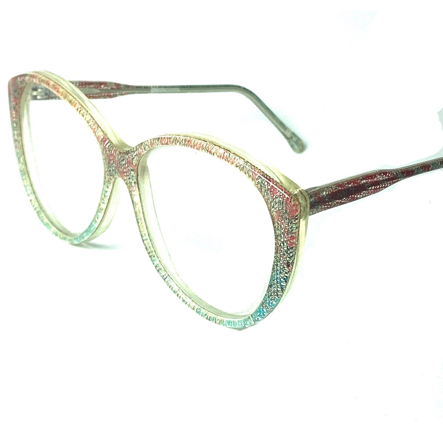 Missoni M5 iconic colorful zig zag knit eyeglasses, clear Cateye oversized shape showing the inlaid jacquard fabric, new old stock 80s