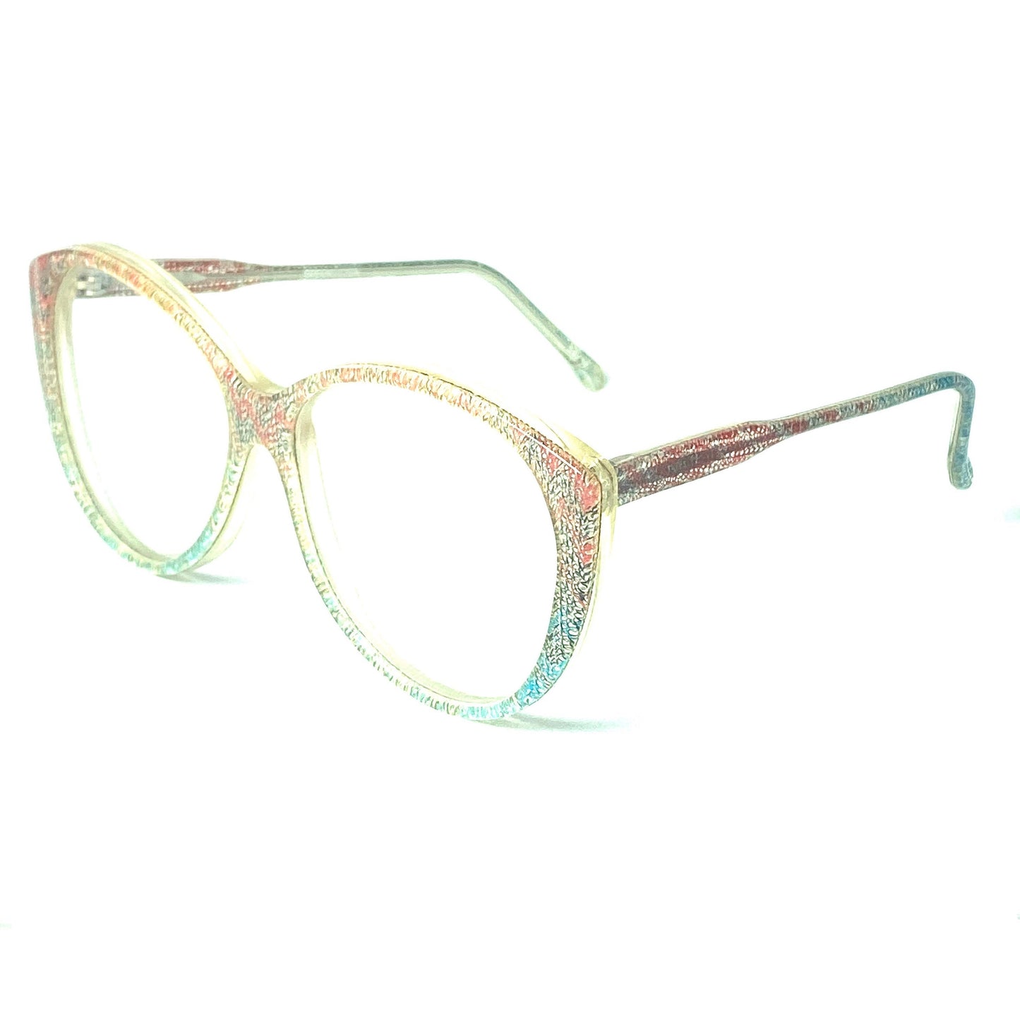 Missoni M5 iconic colorful zig zag knit eyeglasses, clear Cateye oversized shape showing the inlaid jacquard fabric, new old stock 80s