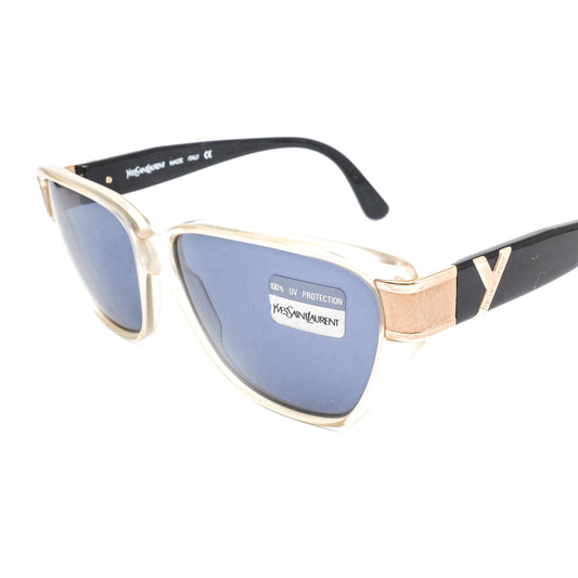 YSL Saint Laurent y646 wayfarer style sunglasses with clear acetate rim, black temples and golden hinges, 1970s NOS France.