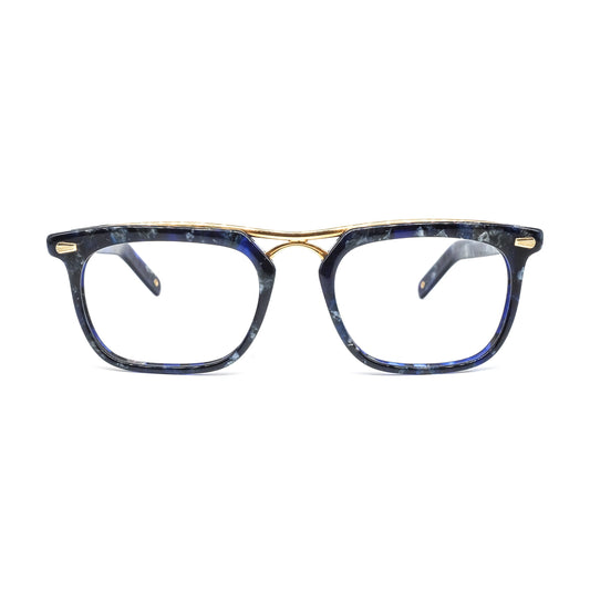 Cadillac square blue tortoise cello eyeglasses frames with golden browline and double nose bridge, 90s NOS