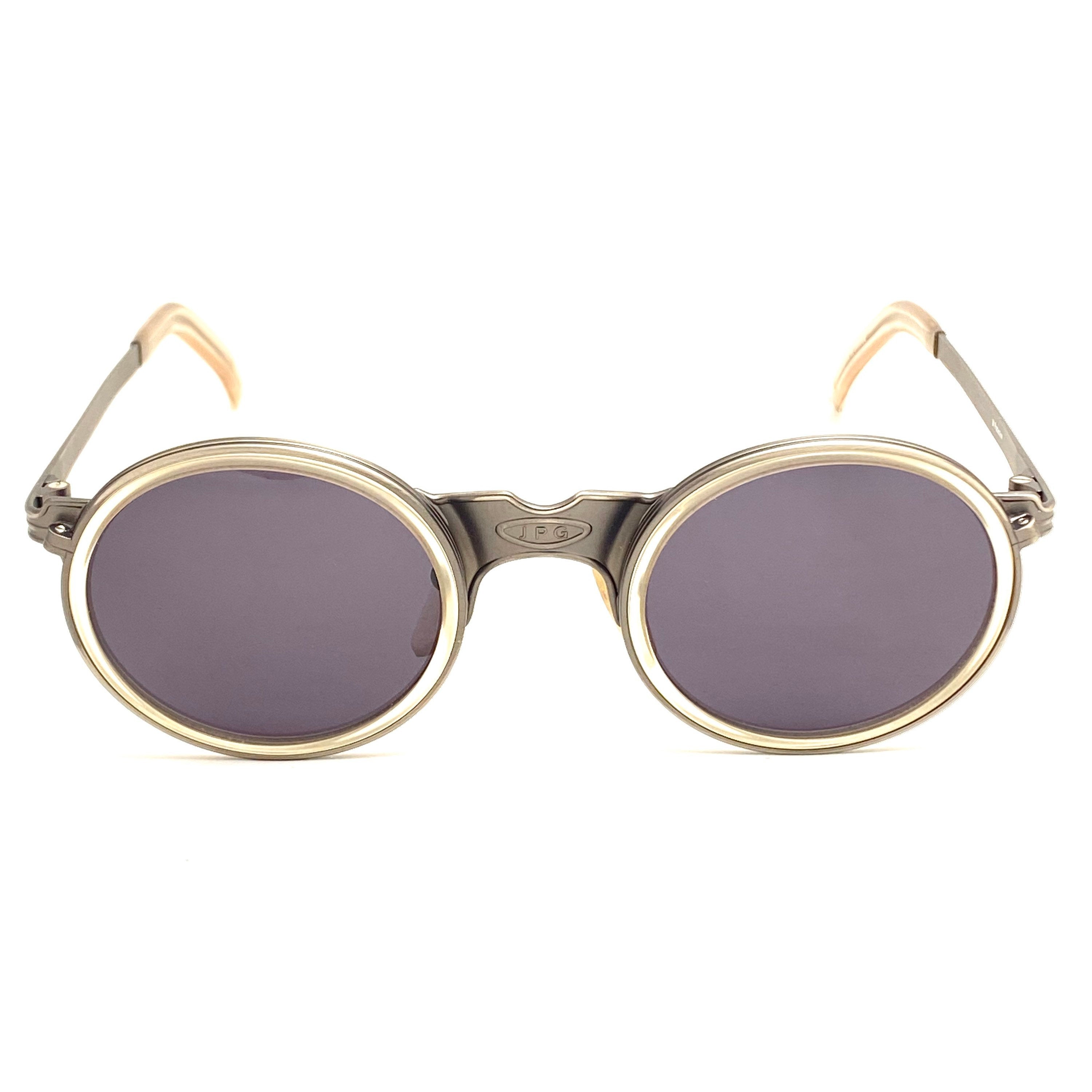 Jean Paul Gaultier 56-3272 vintage round steampunk sunglasses, gunmetal  with clear rims, new old stock 90s mint