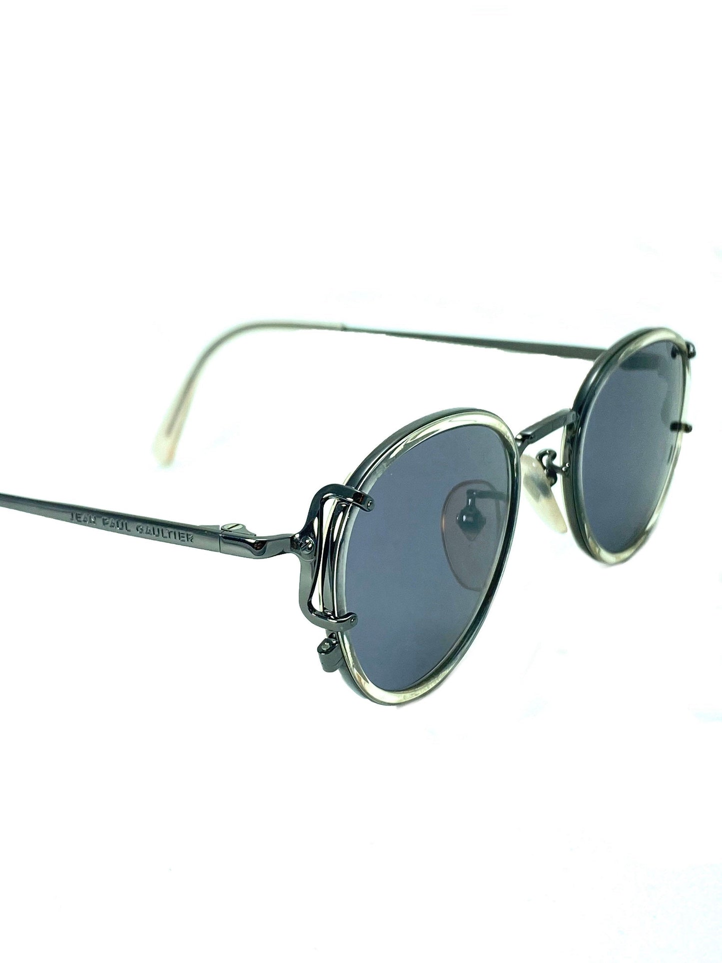 Jean Paul Gaultier 55-3271 round steampunk sunglasses with clear rims, new old stock 90s mint