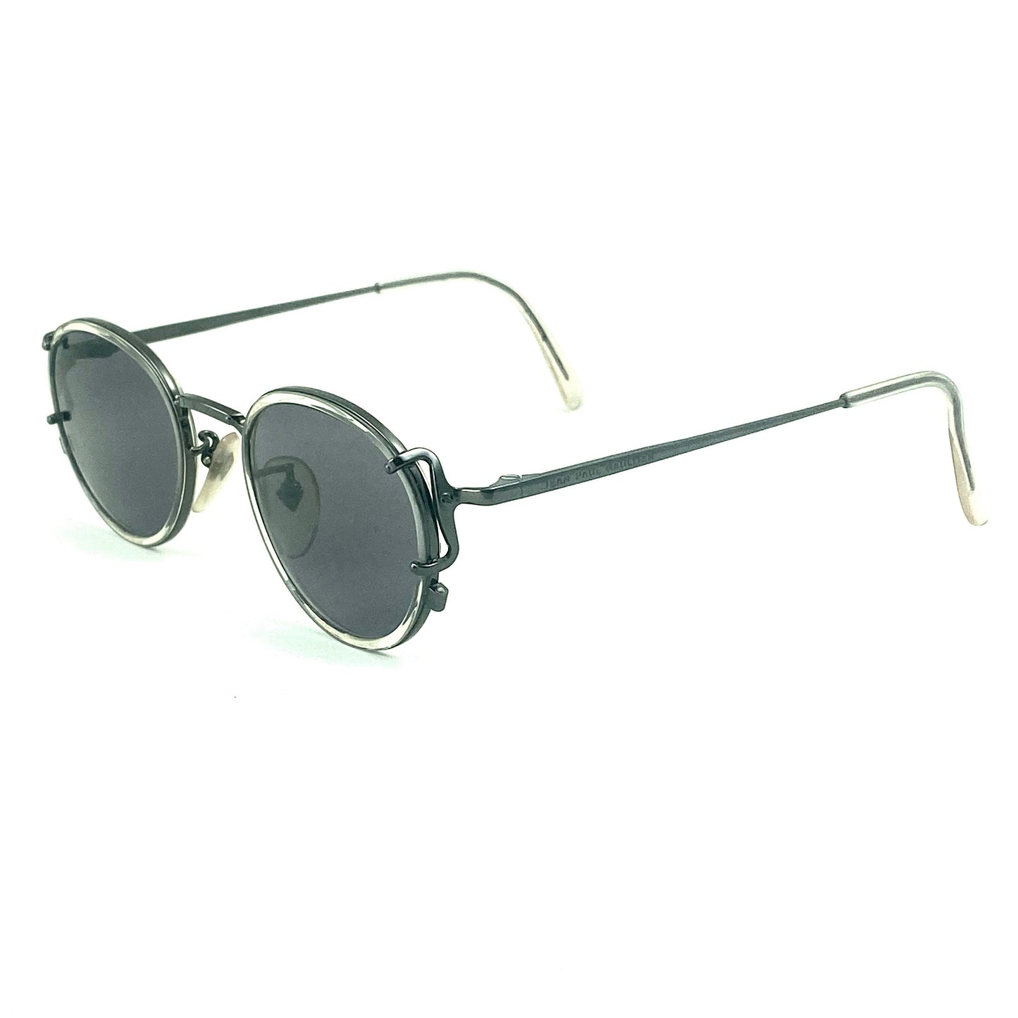 Jean Paul Gaultier 55-3271 round steampunk sunglasses with clear rims, new old stock 90s mint