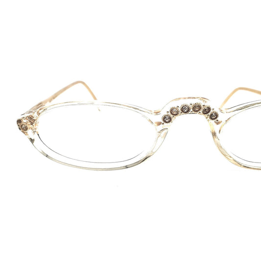 Jewelled half moon reading glasses with gold framed rhinestones on the nose bridge and hinges, Gambini, 80s NOS