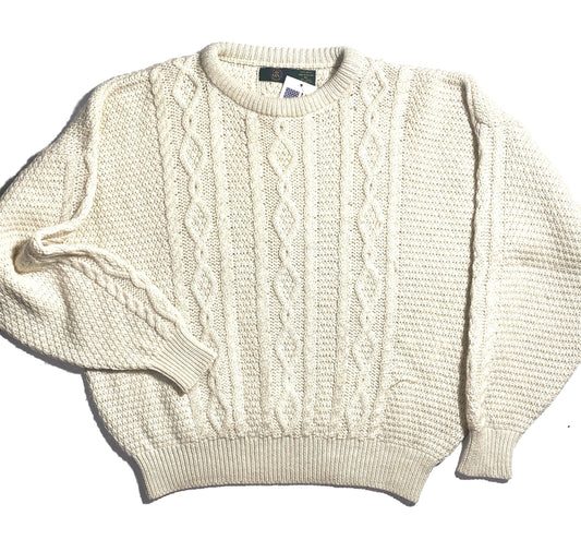 Club Room Cable knit white Aran woolen crewneck pullover, mint condition made in Ireland 90s as new