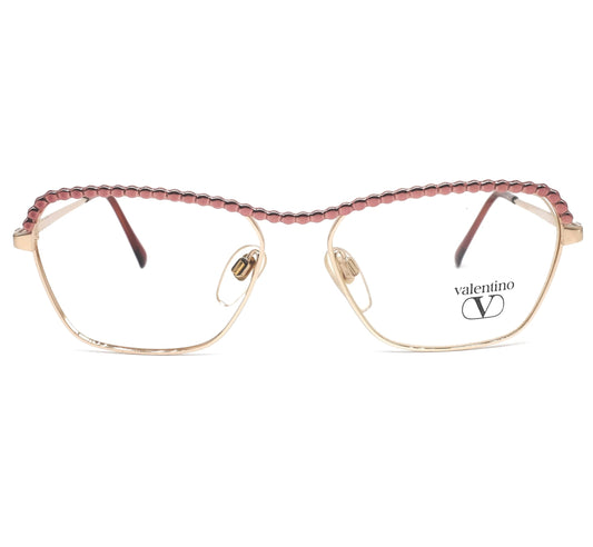 Valentino V375 golden metallic square eyeglasses frames with purple browline. NOS 90s Italy